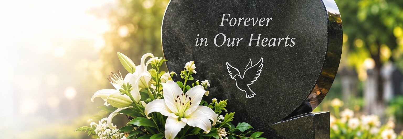 Forever in Our Hearts memorial with white lilies